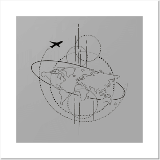 Flat earth line art minimalist illustration with plane Posters and Art